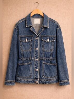 HABITUAL Denim Jacket Cinch Waist Balsam Wash Pleated Sleeve Western